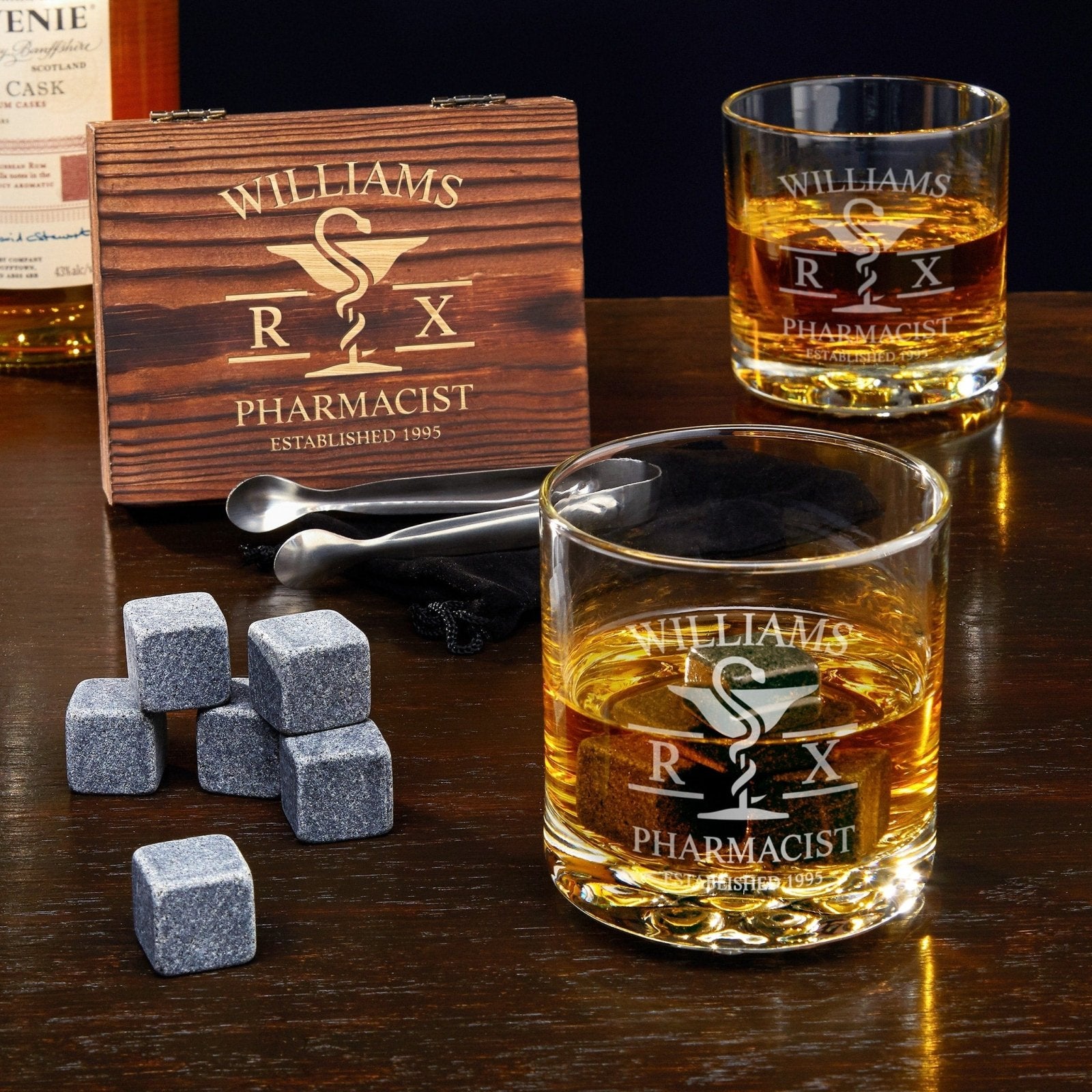 Engraved Whiskey Stones & Glasses - Pharmacist Gift Set