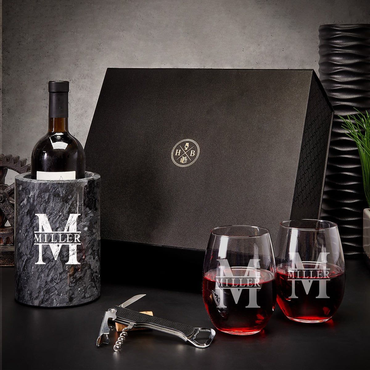 Engraved Wine Chiller with Stemless Wine Glasses Set - 5pc