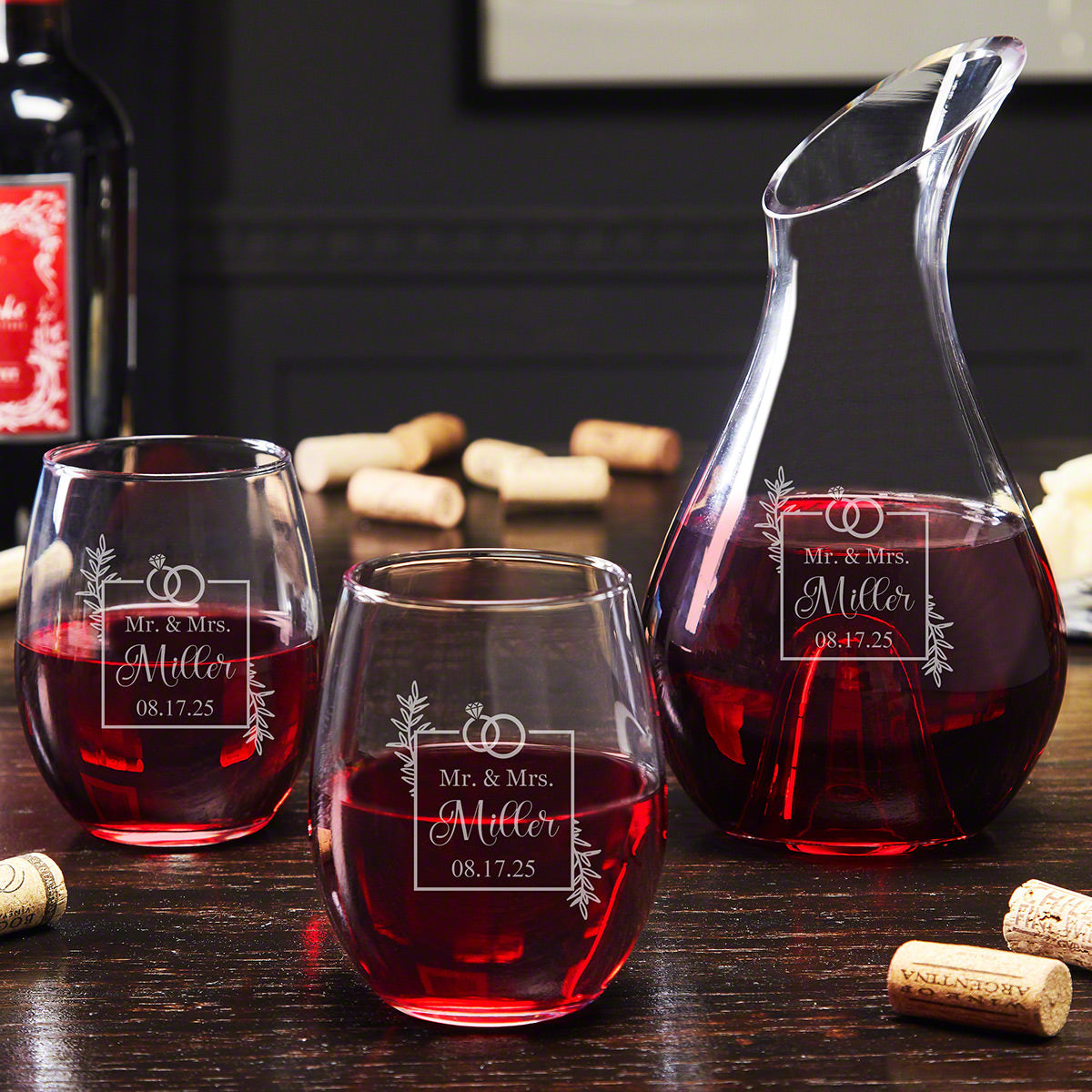 Engraved Wine Decanter Set With Stemless Wine Glasses 