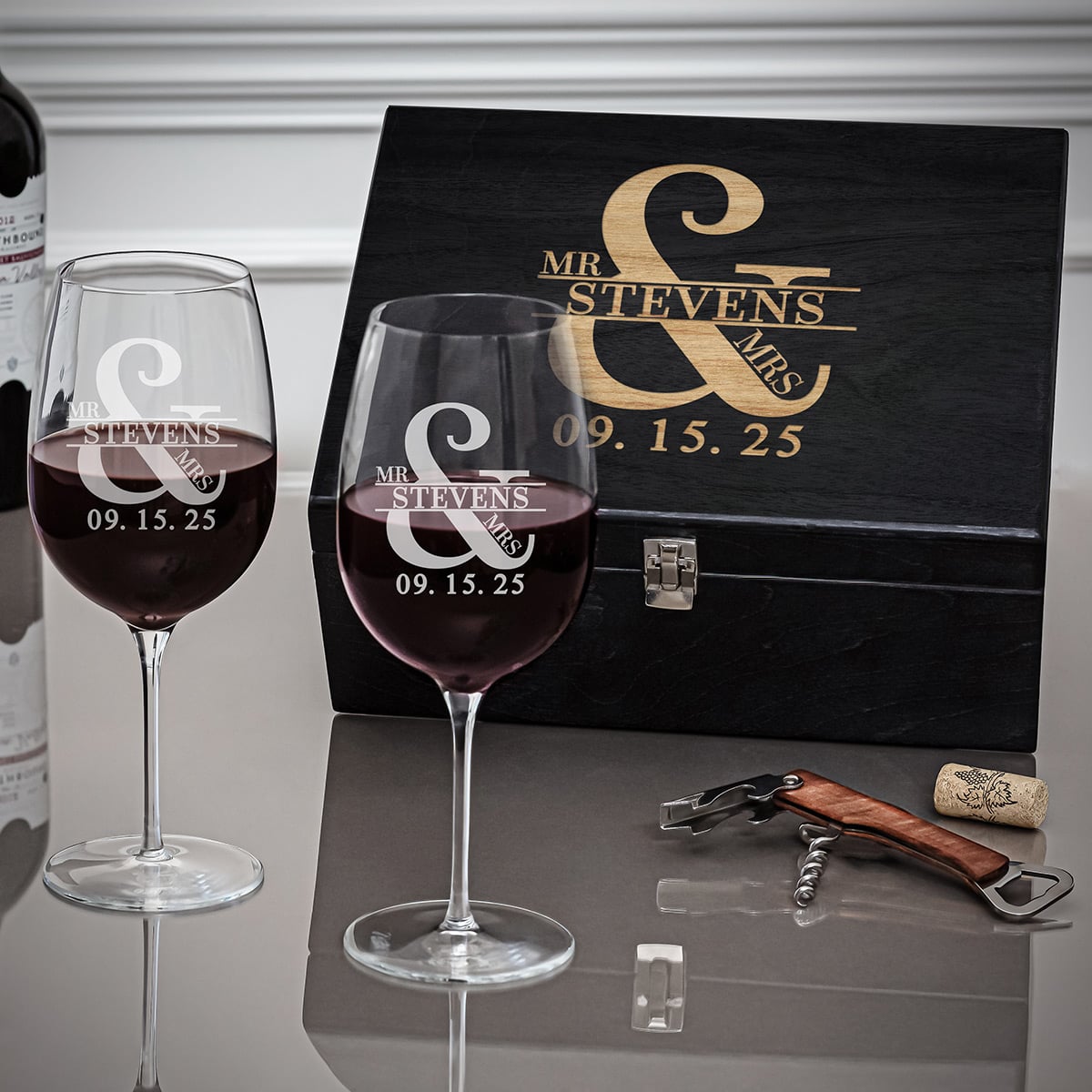 Custom Wine Gift Set and Wine Glasses - Ebony Black Box