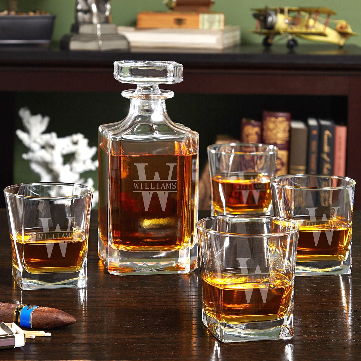 Etched Whiskey Decanter Set with Square Rocks Glasses