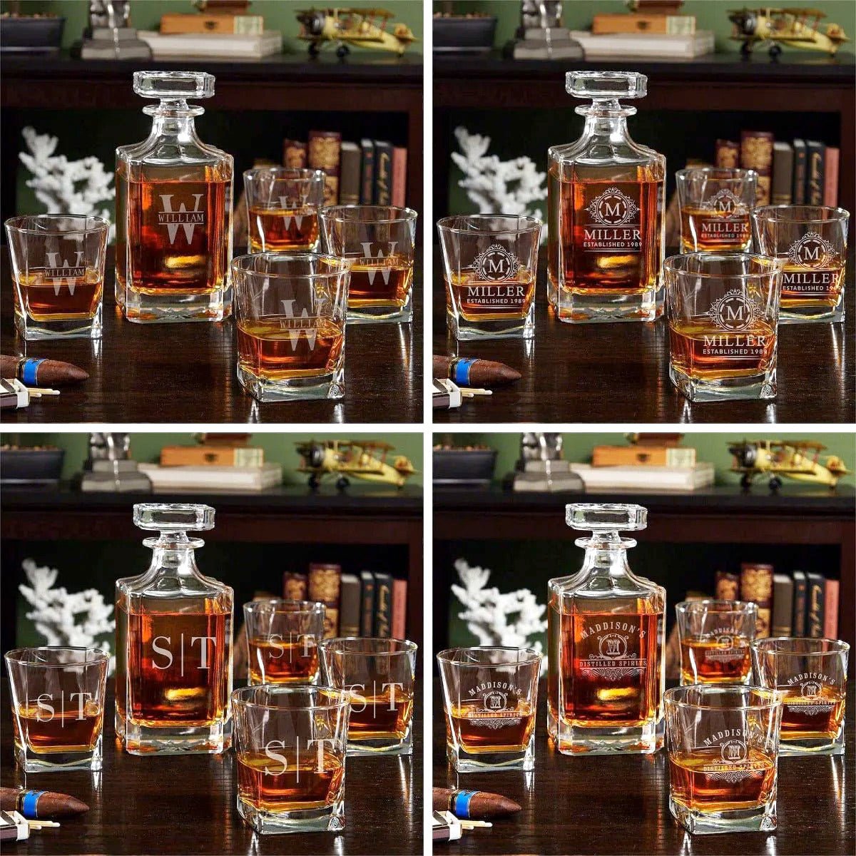 Etched Whiskey Decanter Set with Square Rocks Glasses