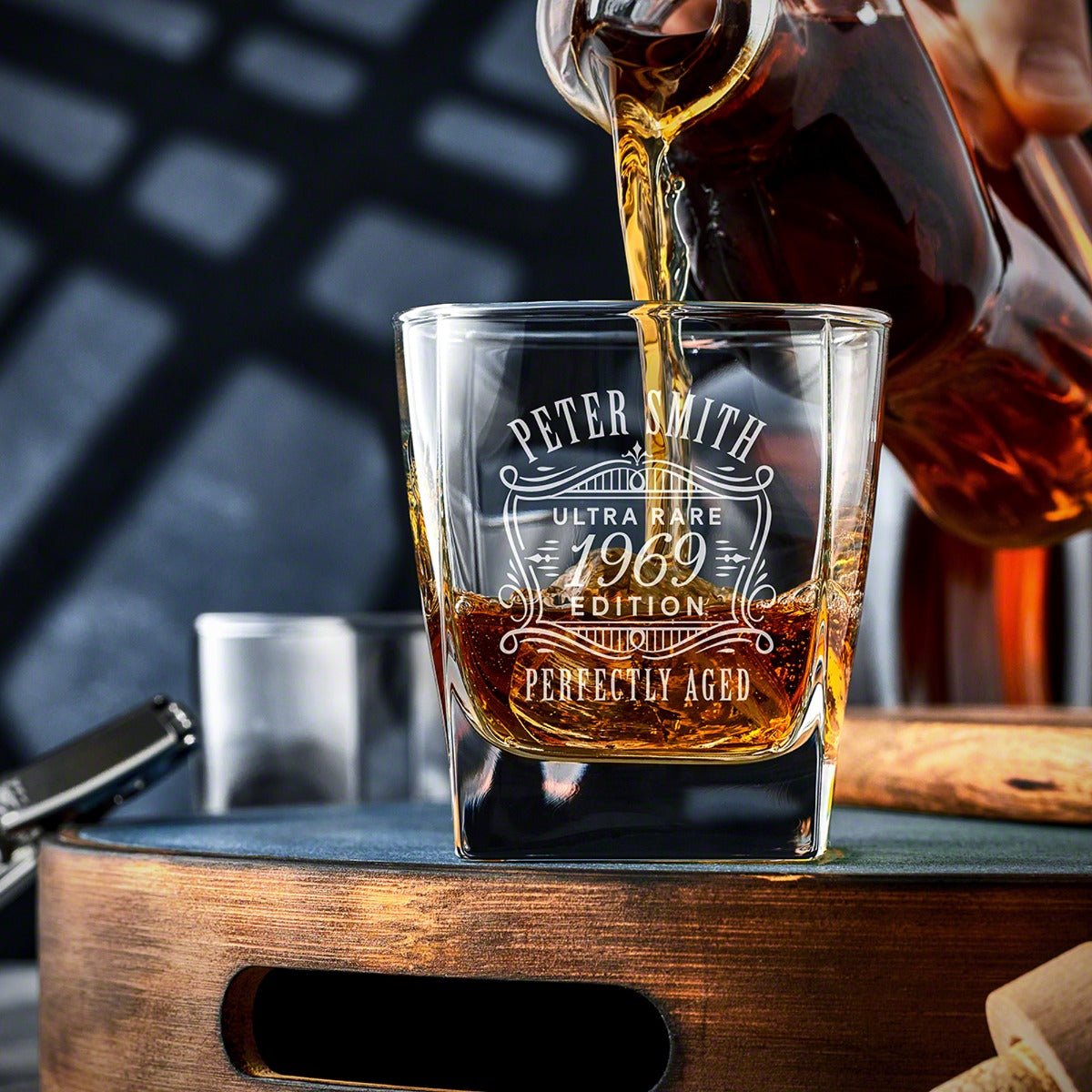 Etched Whiskey Decanter Set with Square Rocks Glasses