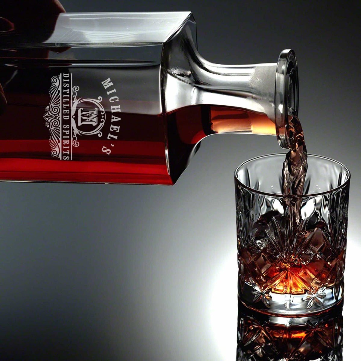 Etched Whiskey Decanter Set with Square Rocks Glasses