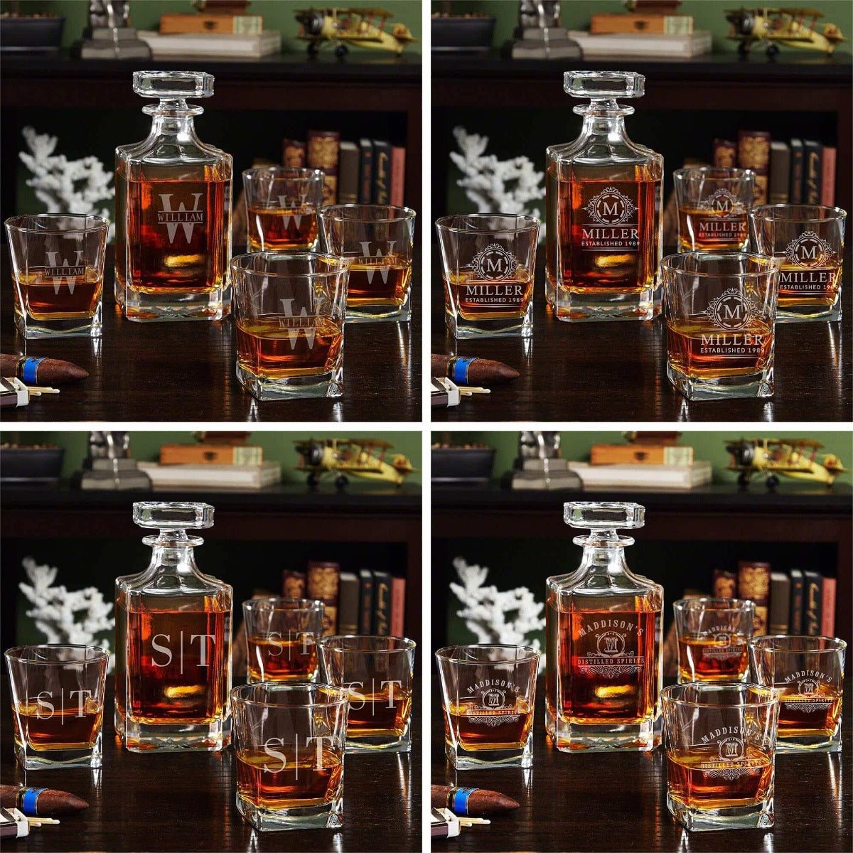 Etched Whiskey Decanter Set with Square Rocks Glasses