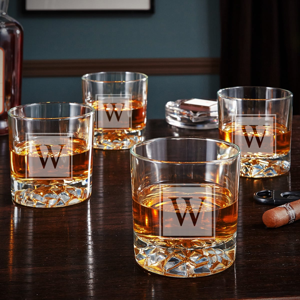 Monogrammed Whiskey Glasses with Glacier Bottom - Set of 4
