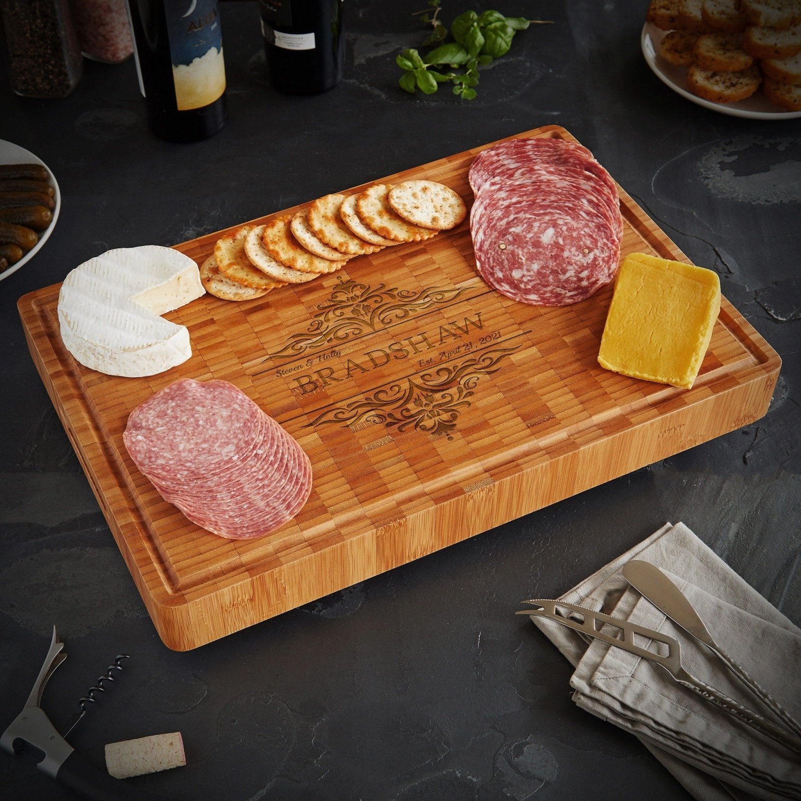 Family Home Bamboo Personalized End Grain Charcuterie Board (2in Thick)