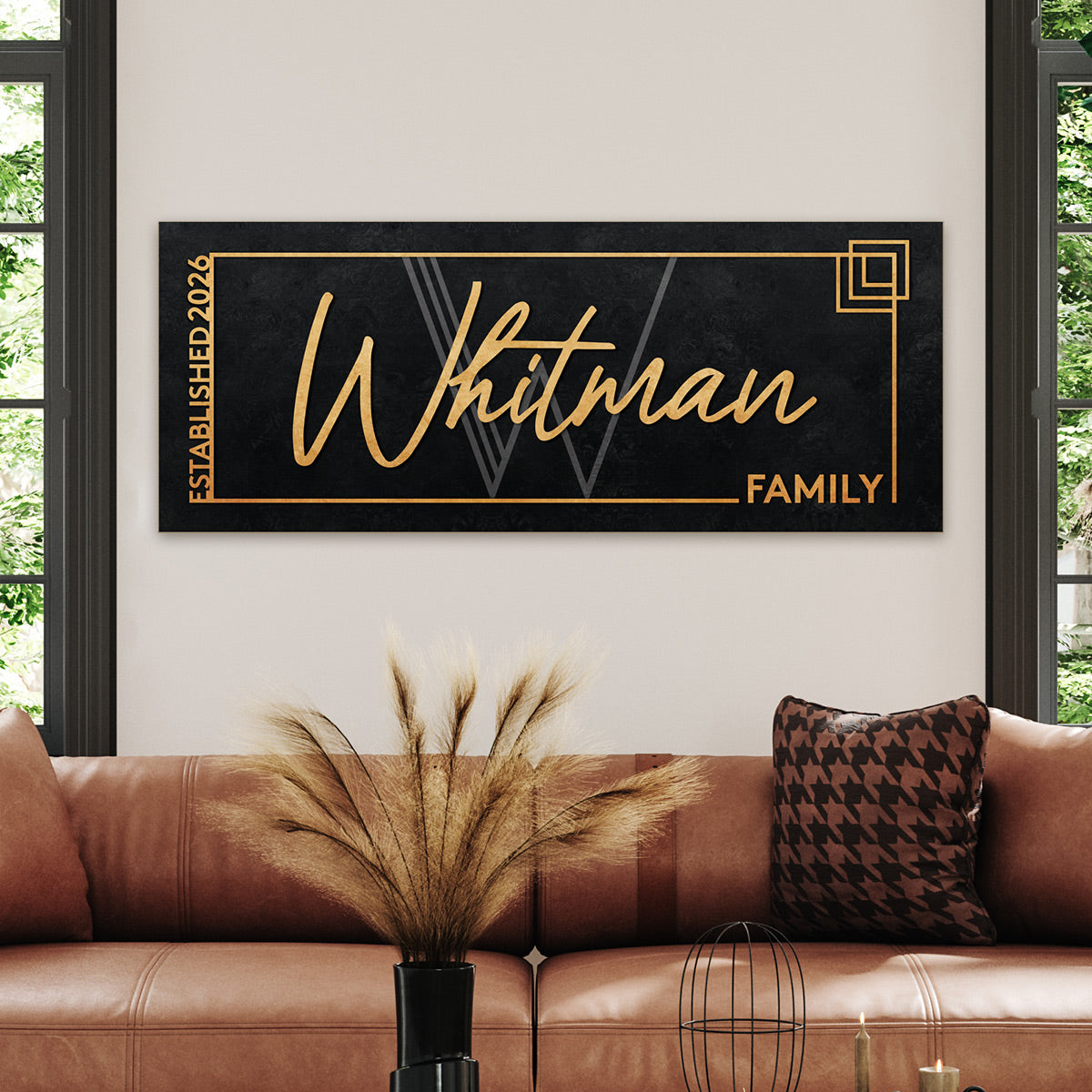 Modern Custom Family Name Sign, Black and Gold