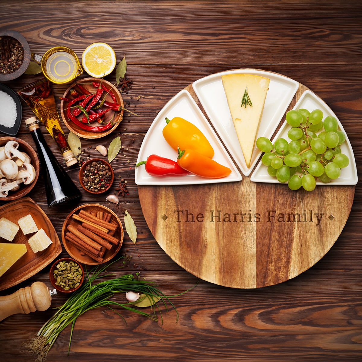 Fete Personalized Round Charcuterie Board with Snack Dishes