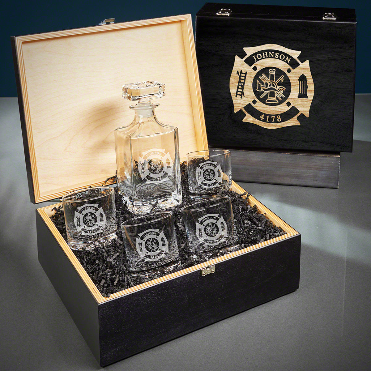 Firefighter Bourbon Decanter Set and Buckman Glasses Gift Set - Ebony Black Box
