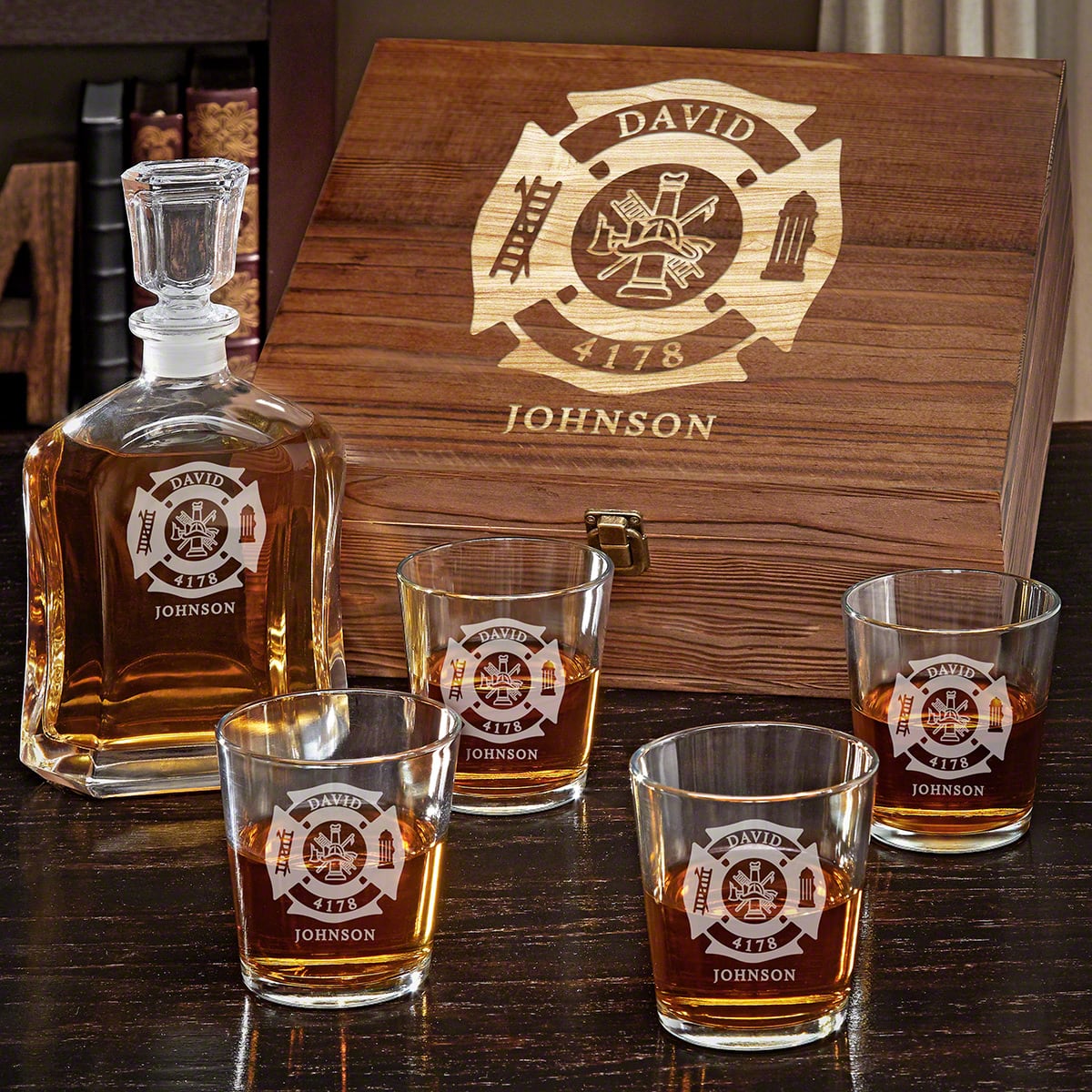 Personalized Argos Decanter Whiskey Set with On the Rocks Glasses - Gift for Firefighters
