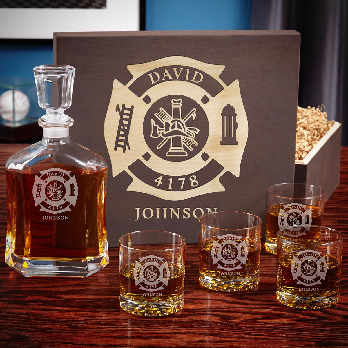 Engraved Firefighter Liquor Decanter Set with Whiskey Glasses - Handcrafted Box