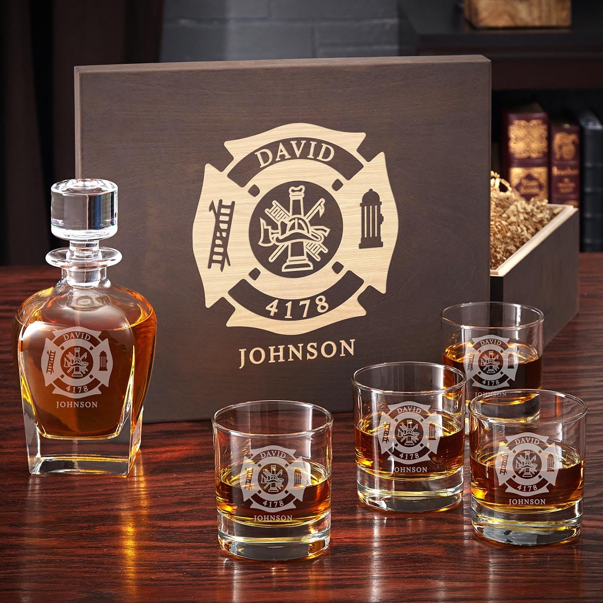 Firefighter Whiskey Decanter Set and Glasses with Handcrafted Box