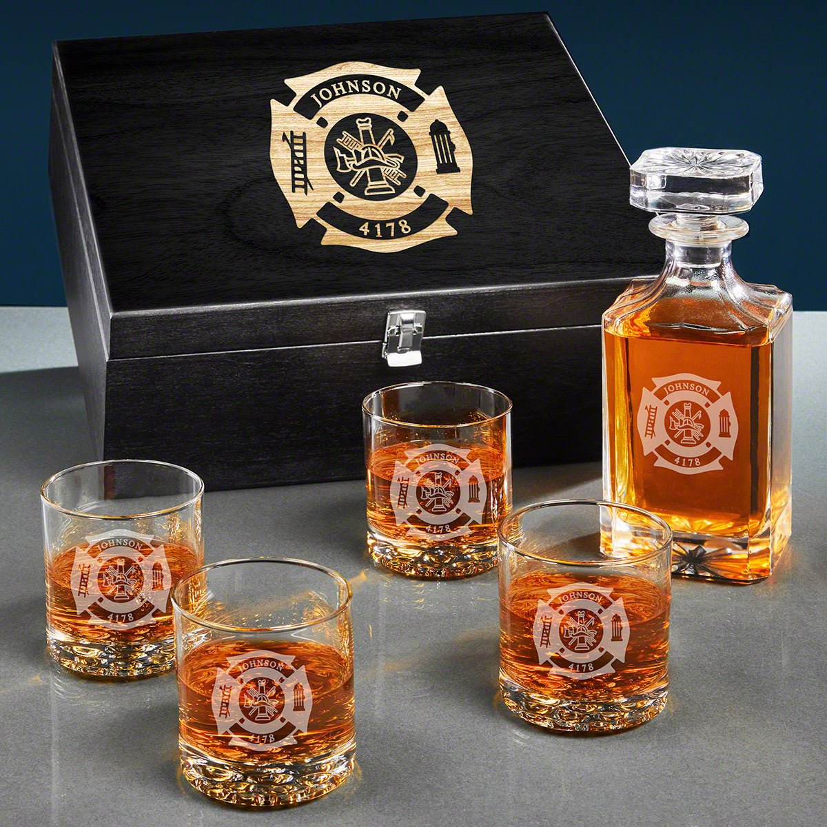 Firefighter Bourbon Decanter Set and Buckman Glasses Gift Set - Ebony Black Box