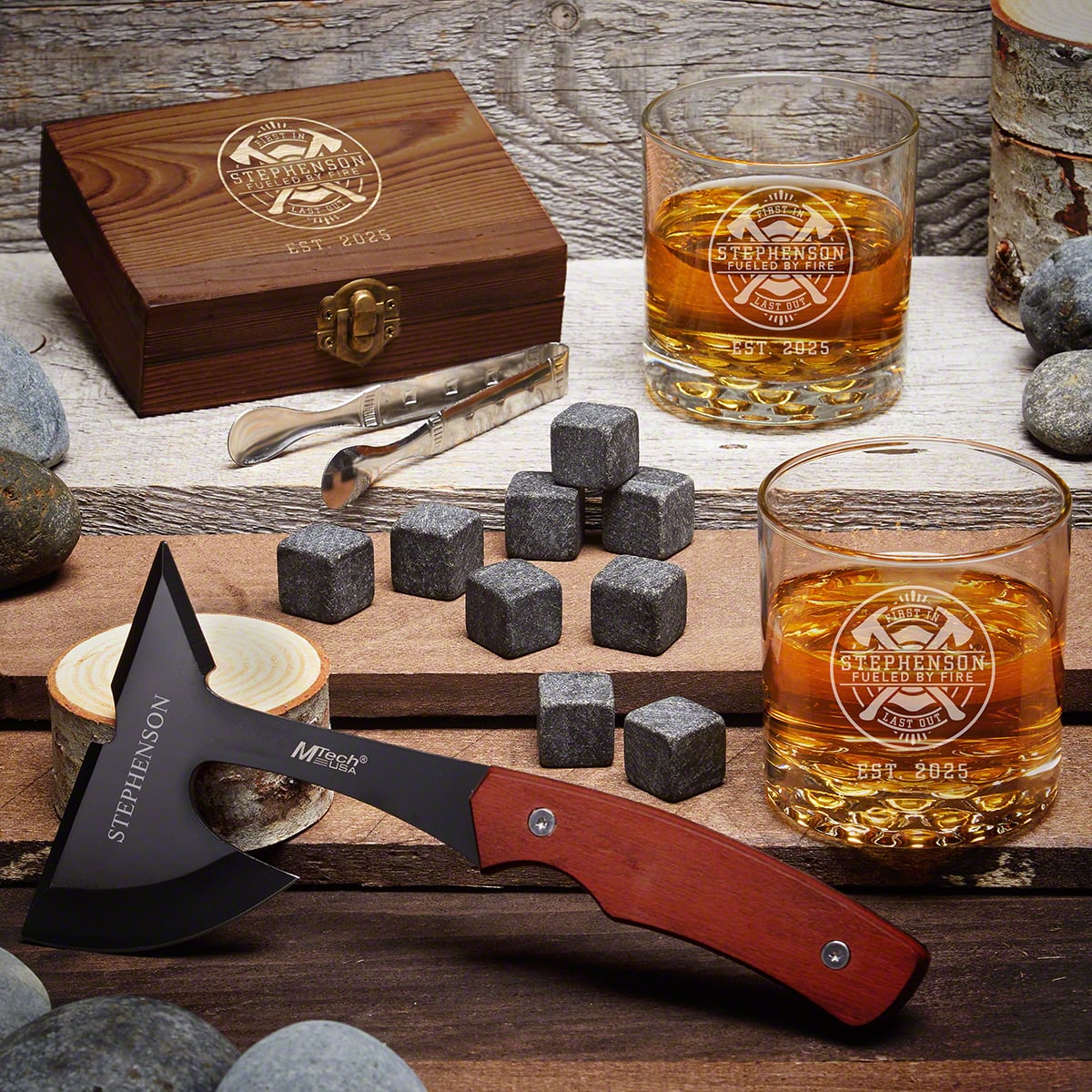 Firefighter Brotherhood Boxed Whiskey Stone Set with Axe