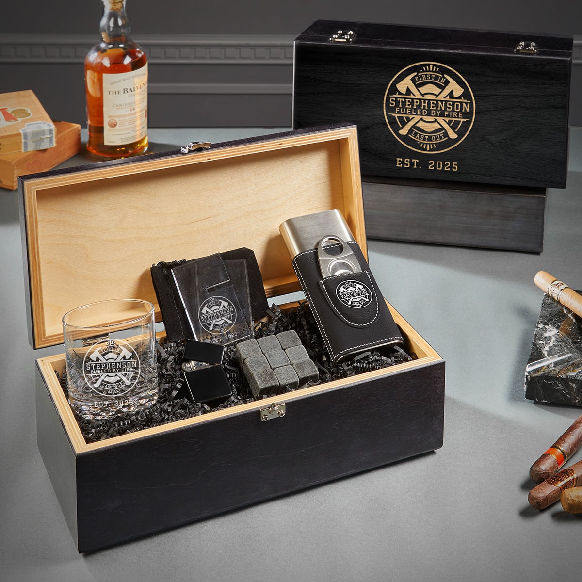 Firefighter Custom Whiskey Cigar Gift Set with Travel Cigar Holder - 7pc Ebony Black Box