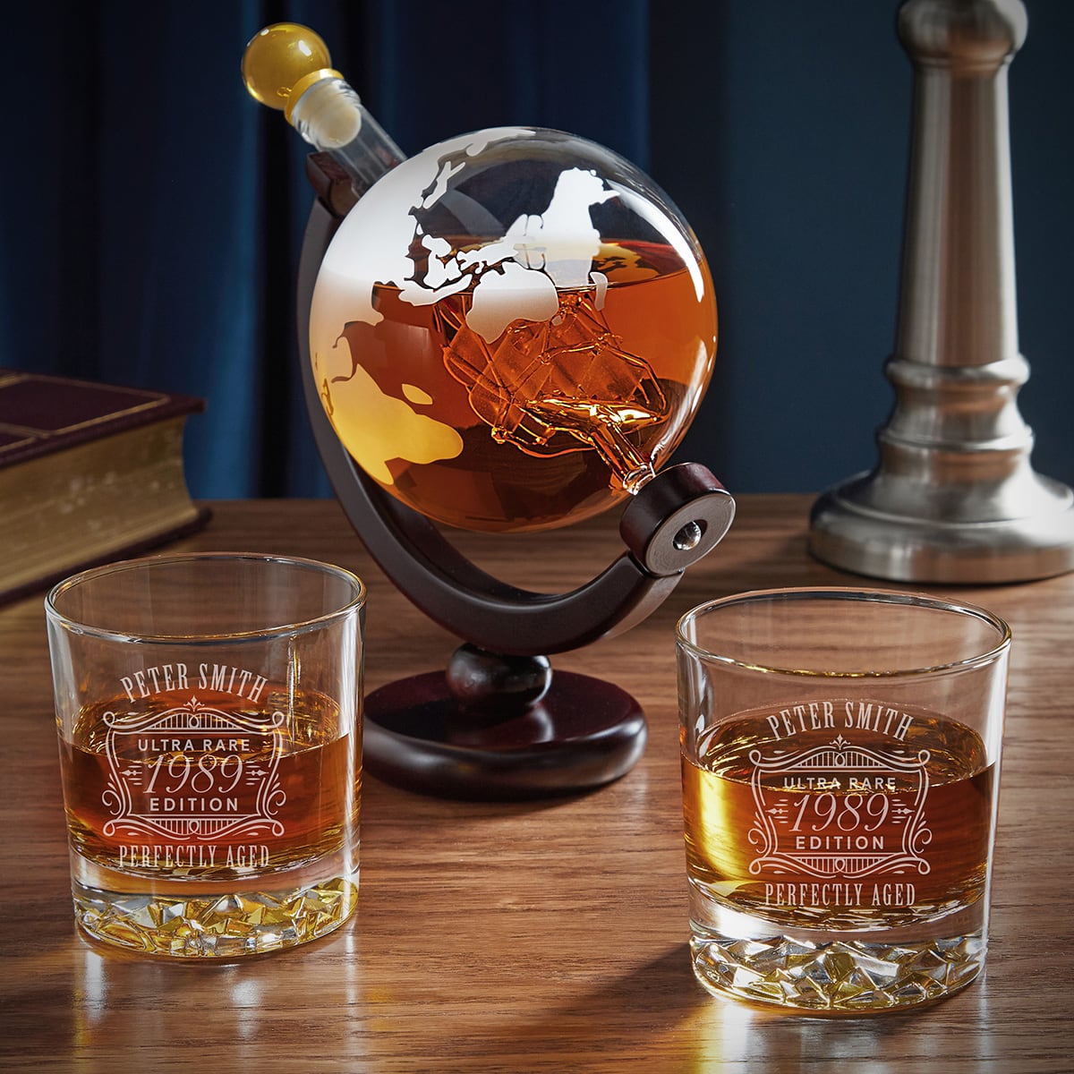 Glacier Bottom Personalized Glasses and Globe Whiskey Decanter Set