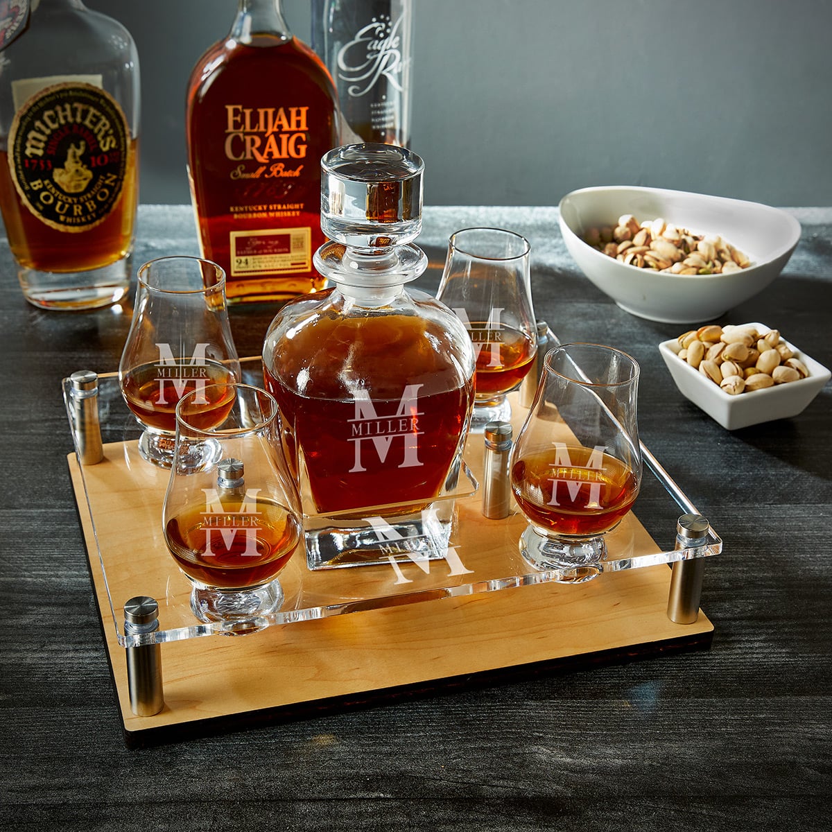 Glencairn Glasses & Bourbon Decanter Presentation Set - 6pc Serving Tray Set