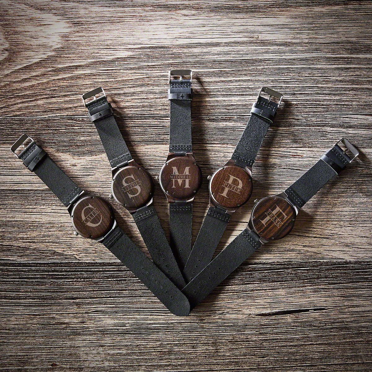 Groomsmen Watches Set of 5 Engraved Wood Watches with Leather Bands