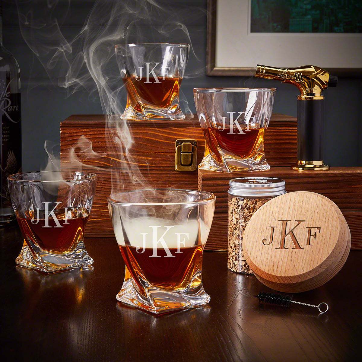 Halo Bourbon Smoker with Engraved Twist Glasses 9 pc