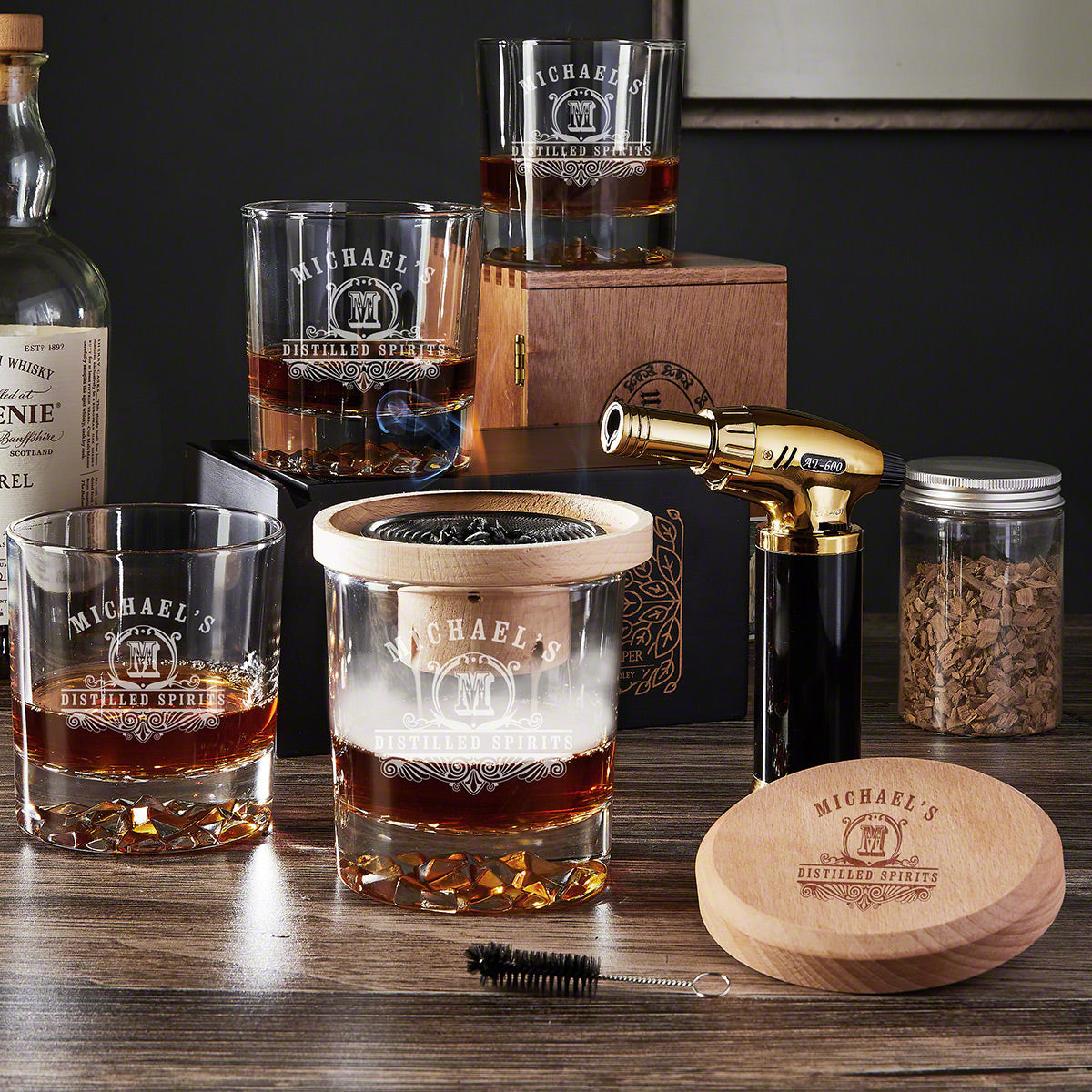 Halo Whisky Smoker Kit 9pc with Personalized Whiskey Glasses