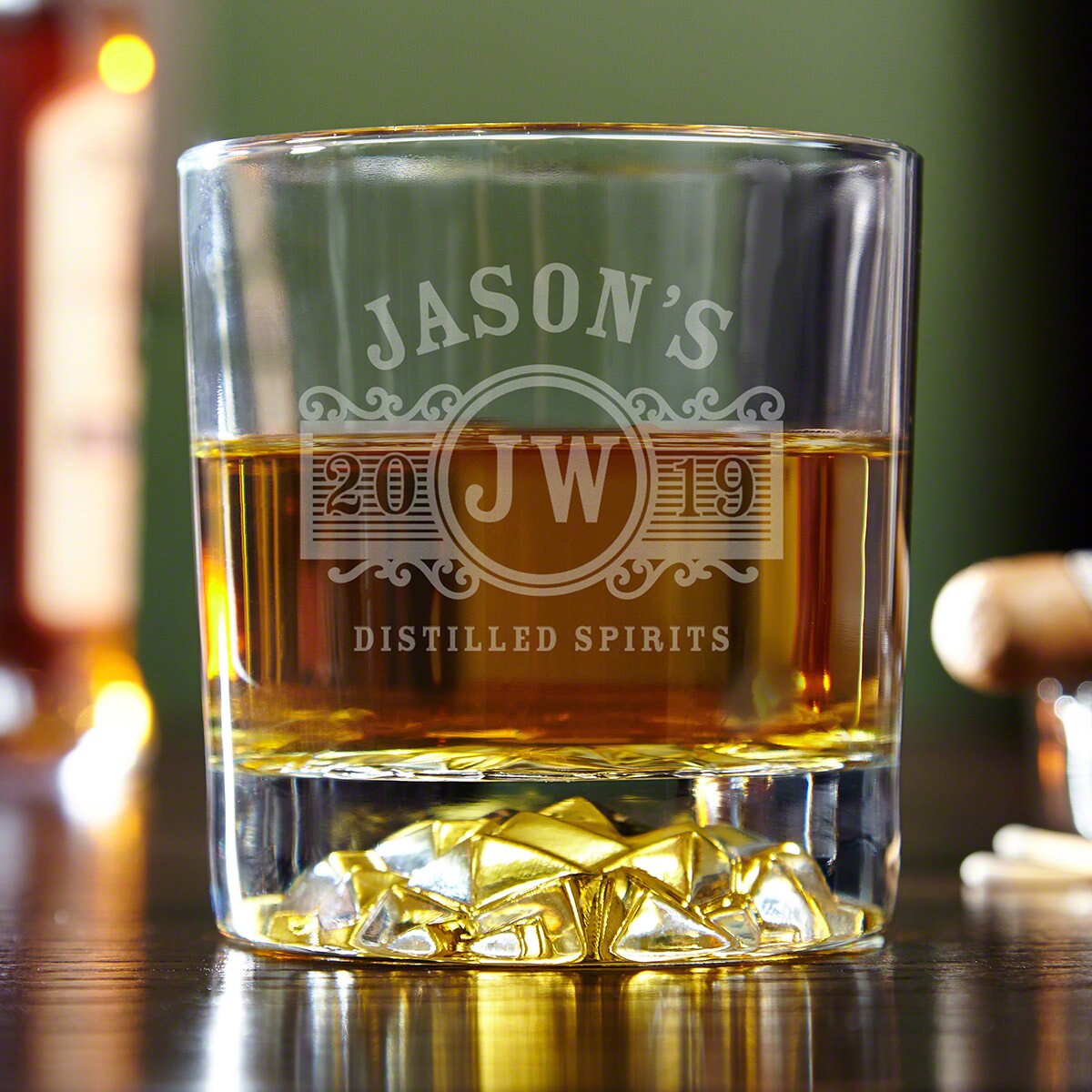 Vintage Engraved Whiskey Glasses with Glacier Bottom - Set of 4