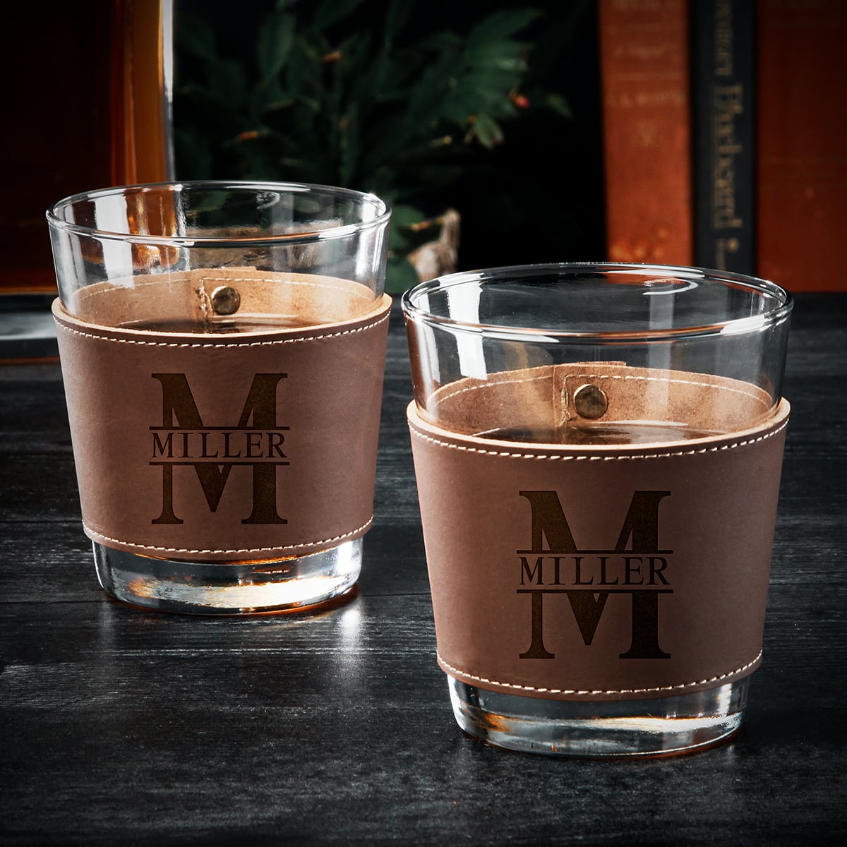 Stratford Whiskey Glasses with Custom Leather Wrap, Set of 2