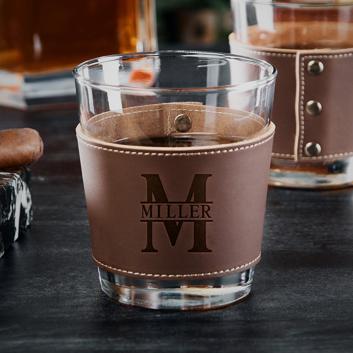 Stratford Whiskey Glass with Custom Leather Wrap, Brown