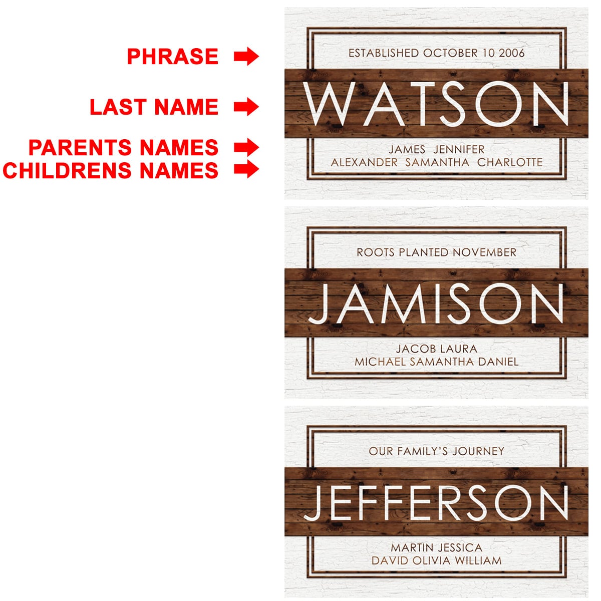 Custom Family Name Sign, White with Wood Grain