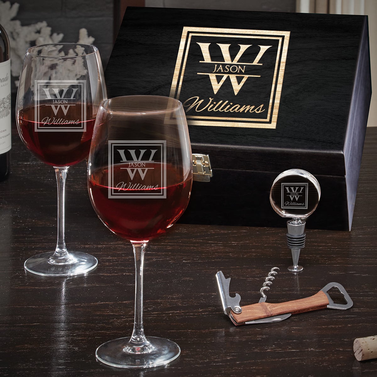 Luxury Wine Gifts with Custom Wine Glasses and Ebony Black Box