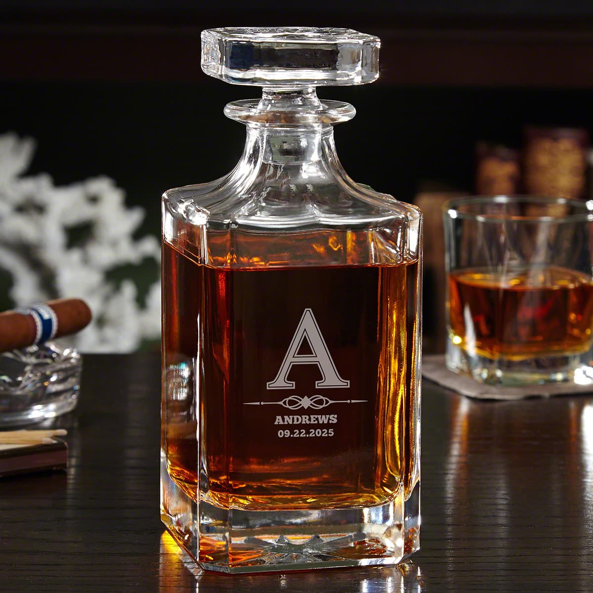Engraved Bourbon Decanter Set with Square Rocks Glasses - 6pc 