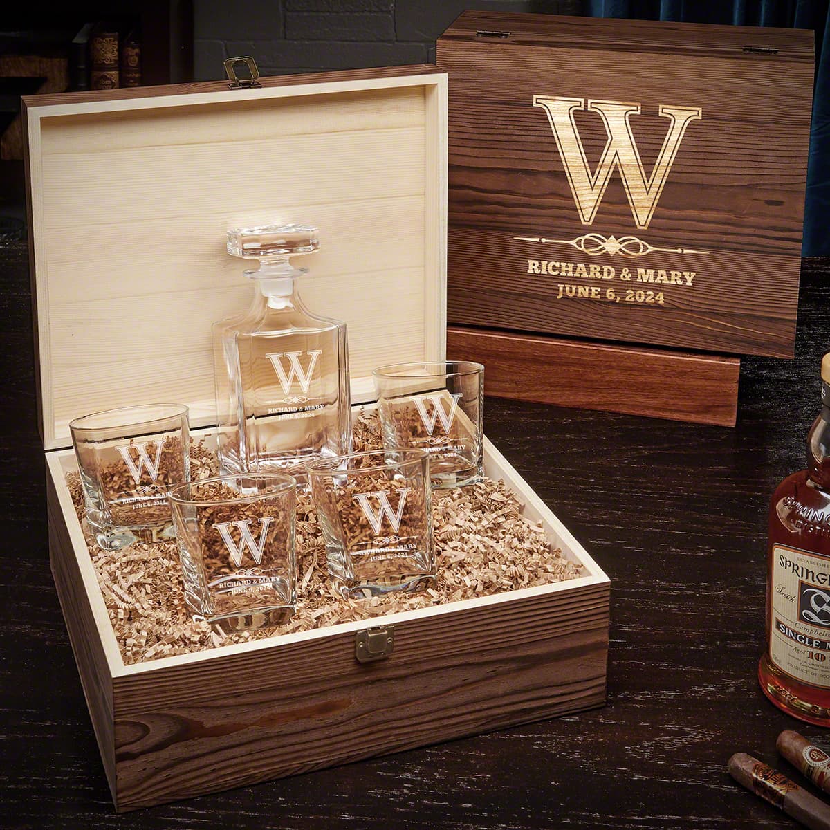 Personalized Decanter Set with Square Rocks Glasses - 6pc Box Set