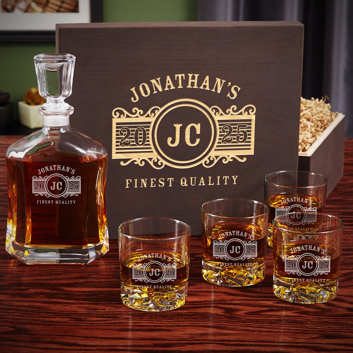 Personalized Decanter Set with Glacier Whiskey Glasses - Handcrafted Wood Gift Box