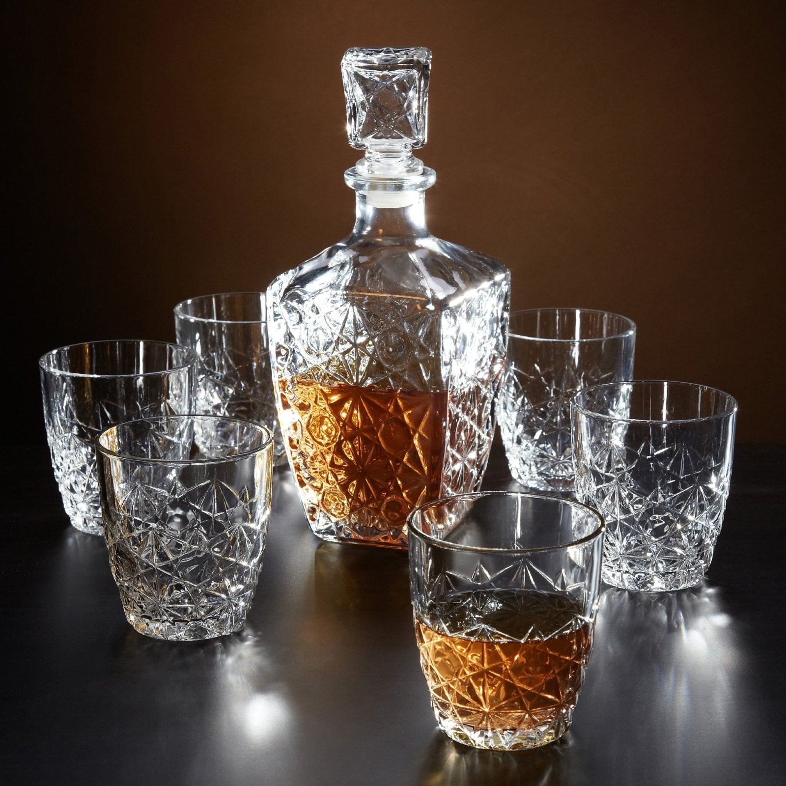 Marquise Cut Whiskey Decanter and Glasses, 7 - Piece Set