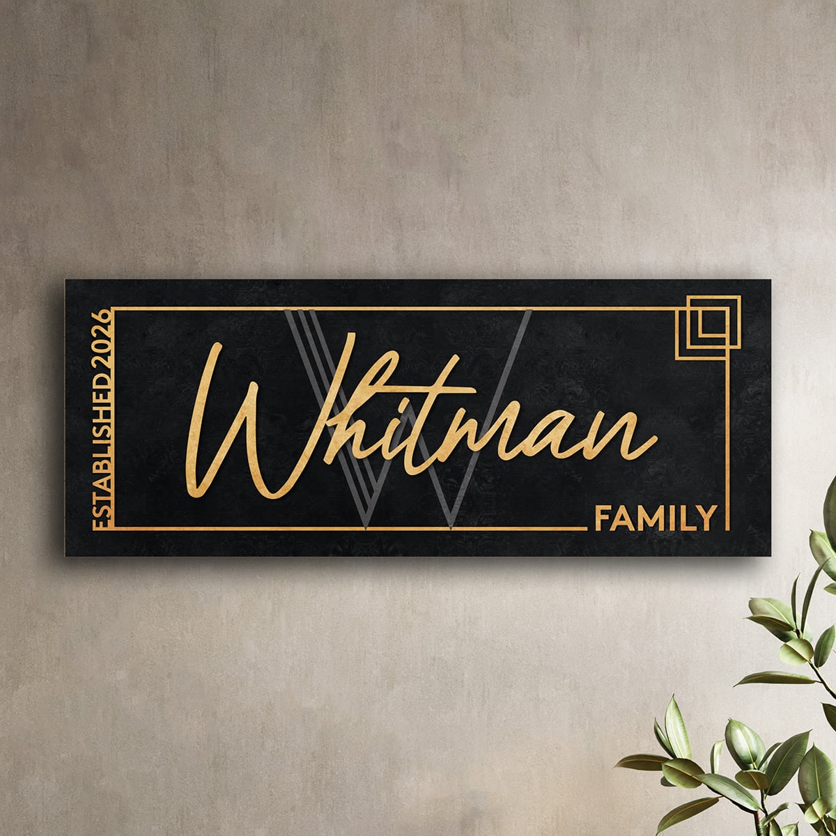 Modern Custom Family Name Sign, Black and Gold