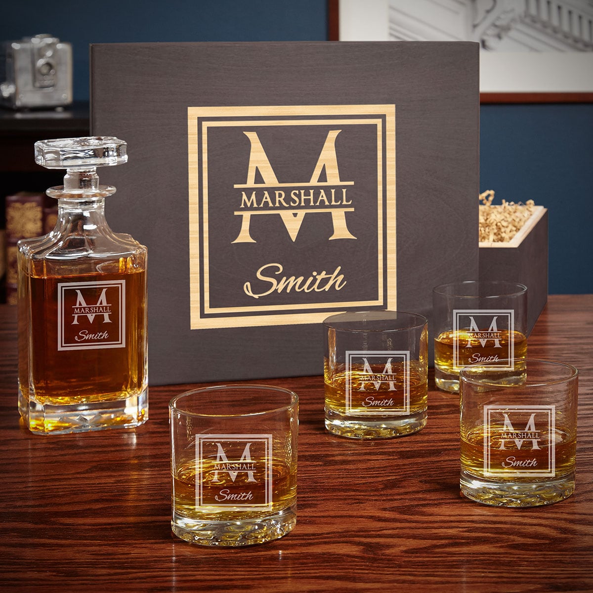 Monogram Presentation Set with Whiskey Decanter & Glasses - Bar Serving Tray & Display Set