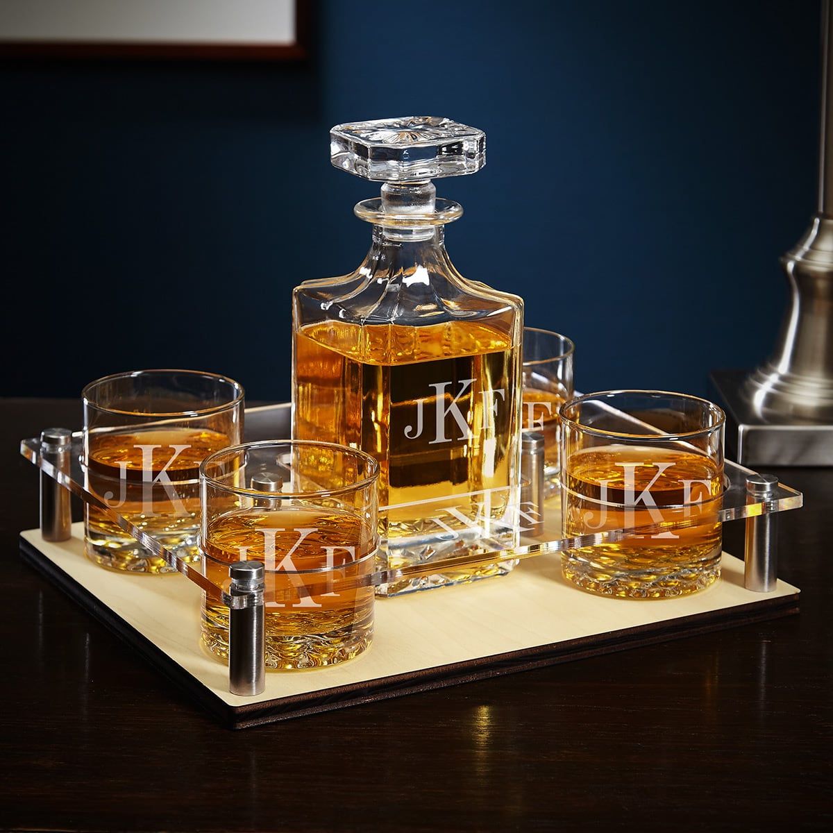 Monogram Presentation Set with Whiskey Decanter & Glasses - Bar Serving Tray & Display Set