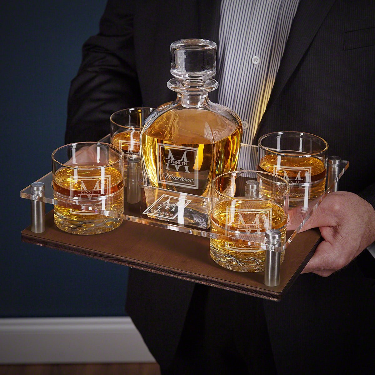 Monogrammed Presentation Set with Custom Rocks Glasses & Whiskey Decanter - 6pc Walnut Serving Tray & Display Set