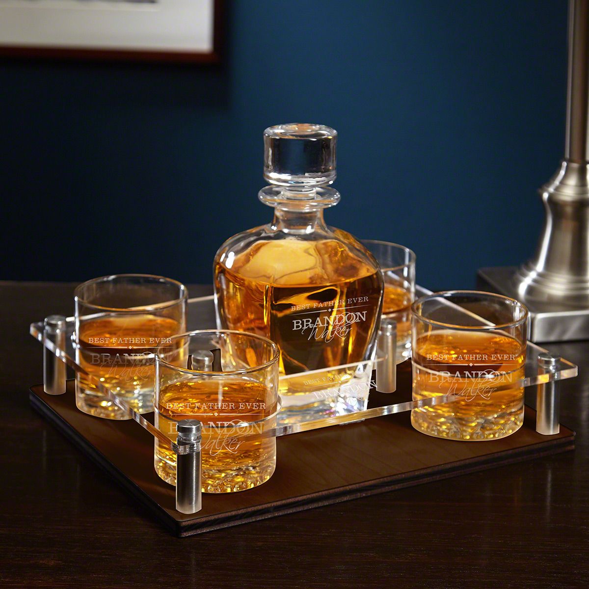 Monogrammed Presentation Set with Custom Rocks Glasses & Whiskey Decanter - 6pc Walnut Serving Tray & Display Set