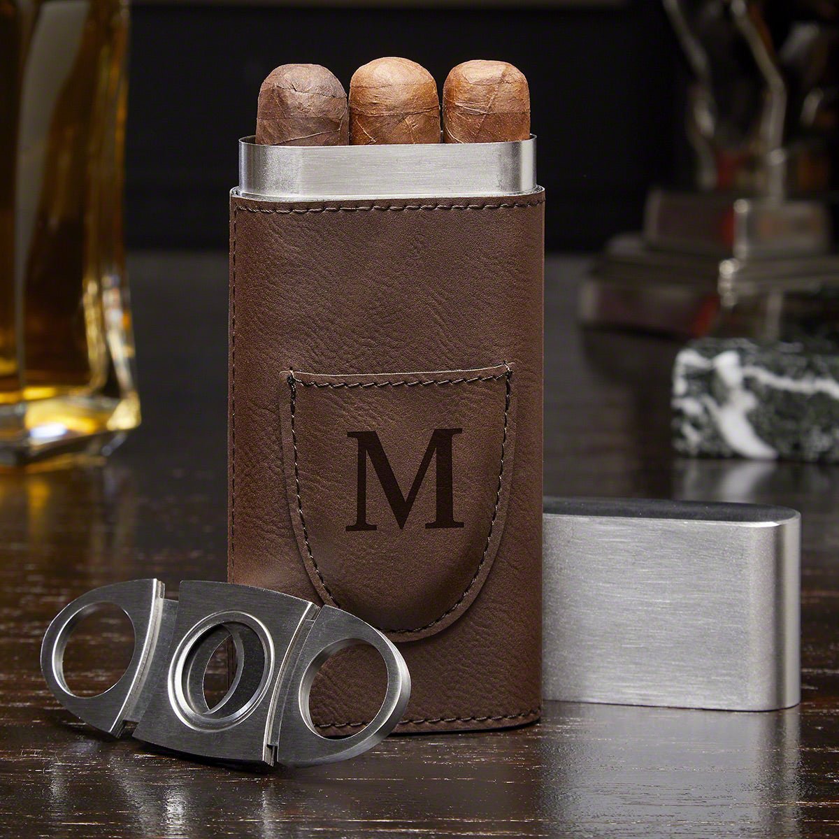 Monogrammed Travel Cigar Case with Cigar Cutter