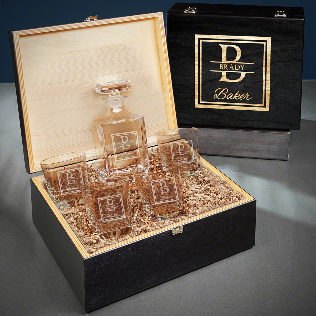 Custom Rutherford Gifts for Bourbon Lovers - Carson Decanter and Glasses in Ebony Black Box