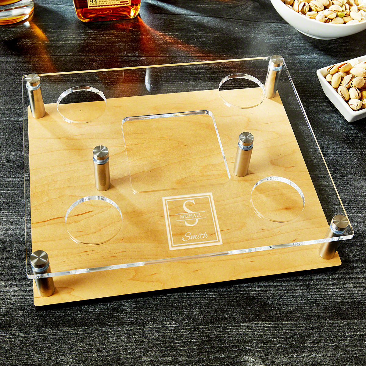 Glencairn Glasses & Whiskey Decanter Presentation Set - 6pc Serving Tray Set