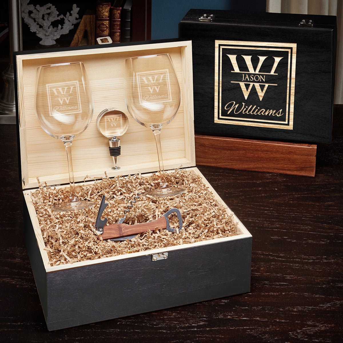 Luxury Wine Gifts with Custom Wine Glasses and Ebony Black Box