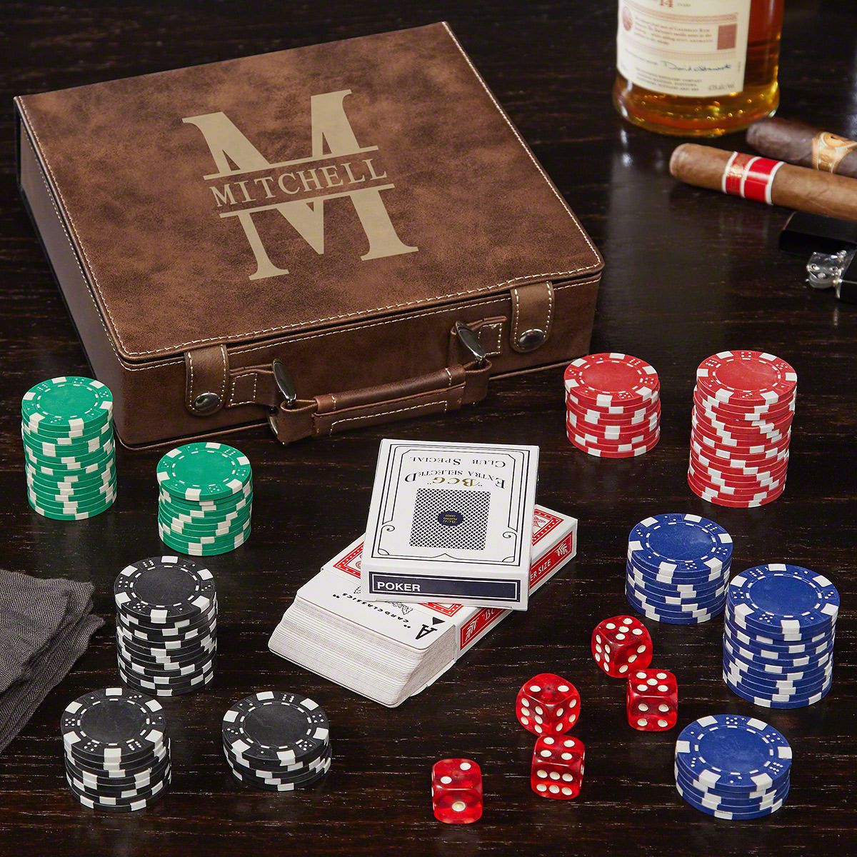 Personalized Poker Chip Case Gift Set with Cigar Glass