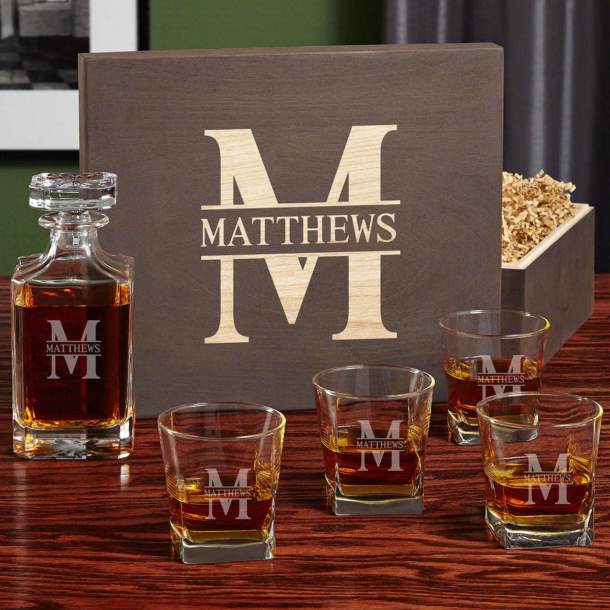 Carson Personalized Whiskey Decanter Set with Square Glasses - Handcrafted Gift Box