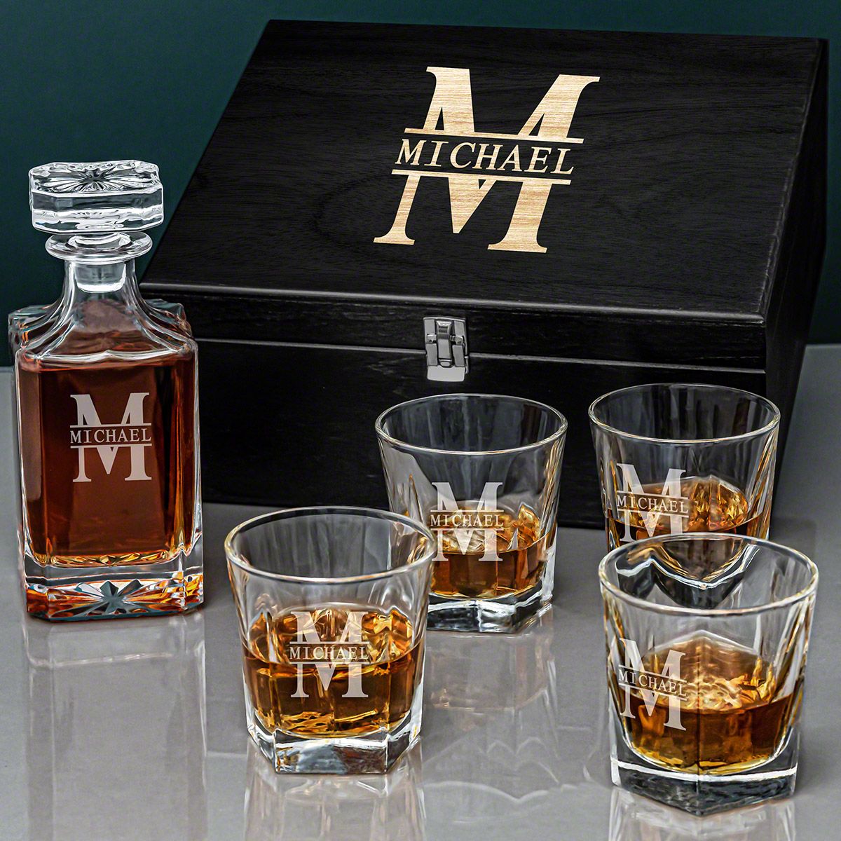 Custom Colchester Liquor Decanter Set with Decanter and Whiskey Glasses - Ebony Black Box