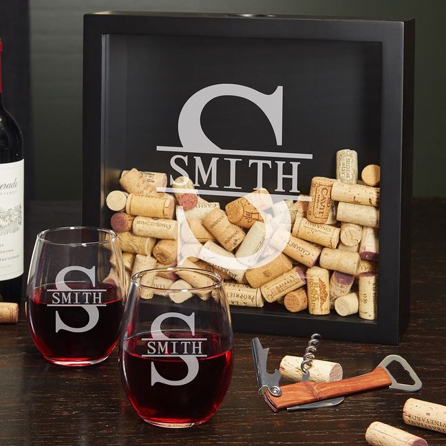 Custom Wine Lovers Gift Set with Wine Cork Shadow Box and Glasses