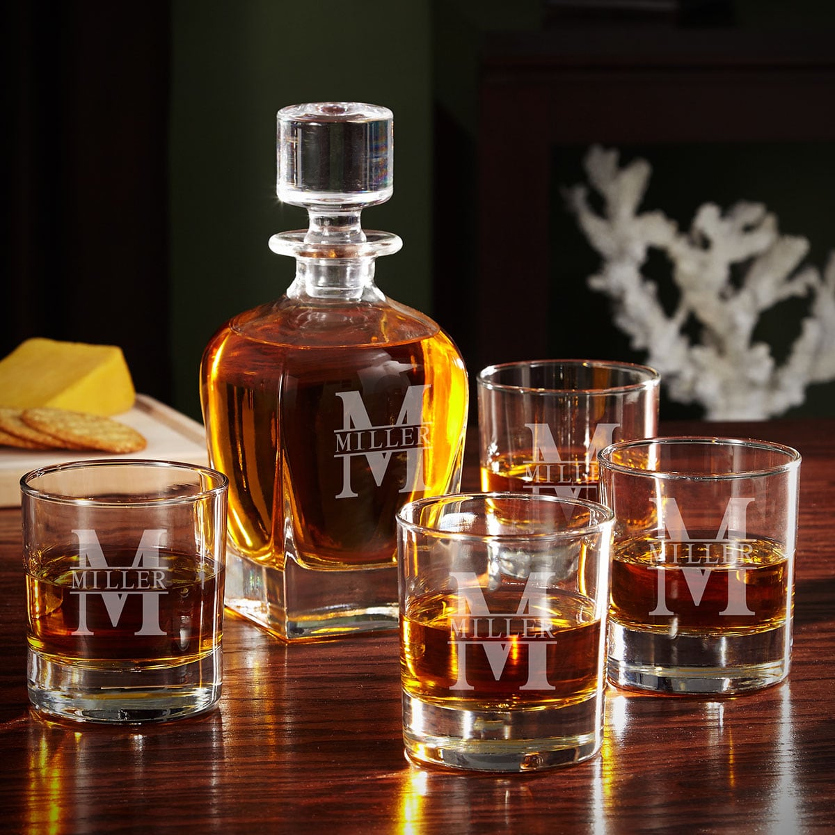 Draper Custom Whiskey Decanter Set with 4 Rocks Glasses 