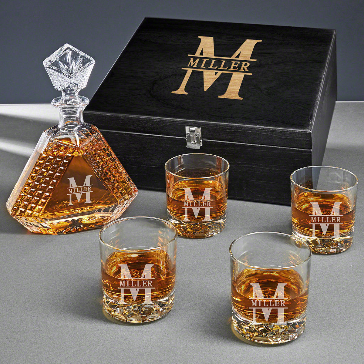 Devonshire Custom Crystal Decanter Set with Glacier Bottom Whiskey Glasses - Ebony Black Box