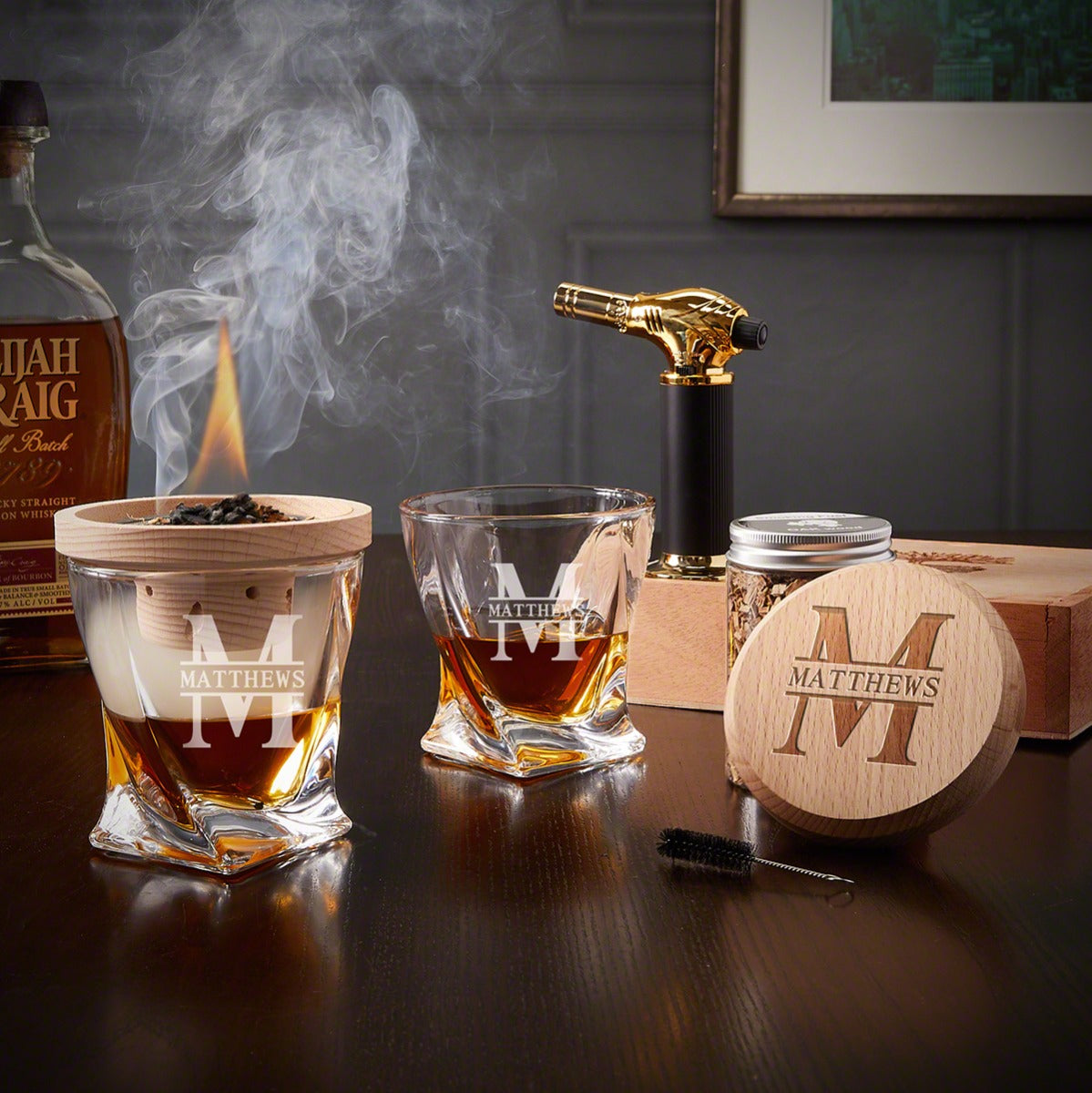 Personalized 7pc Halo Bourbon Smoker Kit with Two Glasses